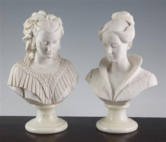 Two white moulded simulated parian busts of ladies, each 10in. high